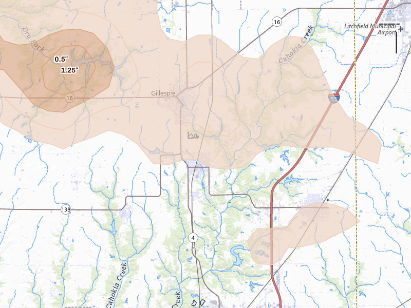 Radar-estimated hail-size map of the storm over Benld, IL on Jul 10, 2026