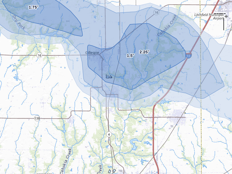 NEXRAD radar-signature map of the hail storm over Benld, IL on Jul 10, 2026