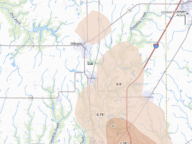 Radar-estimated hail-size map of the storm over Benld, IL on Aug 21, 2026