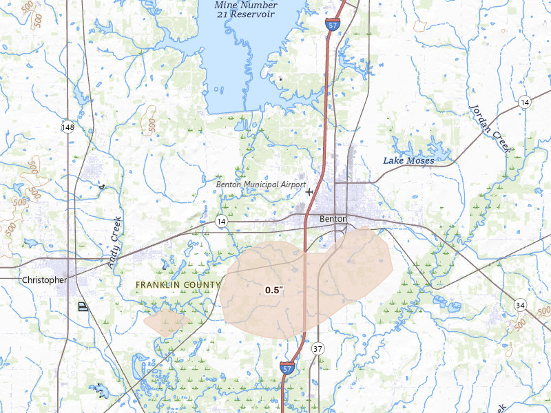 Radar-estimated hail-size map of the storm over Benton, IL on Apr 26, 2026