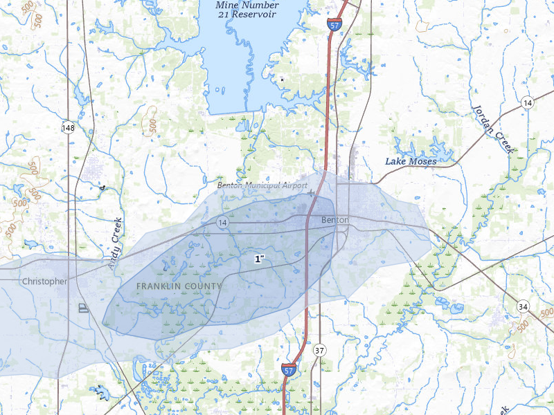 NEXRAD radar-signature map of the hail over Benton, IL