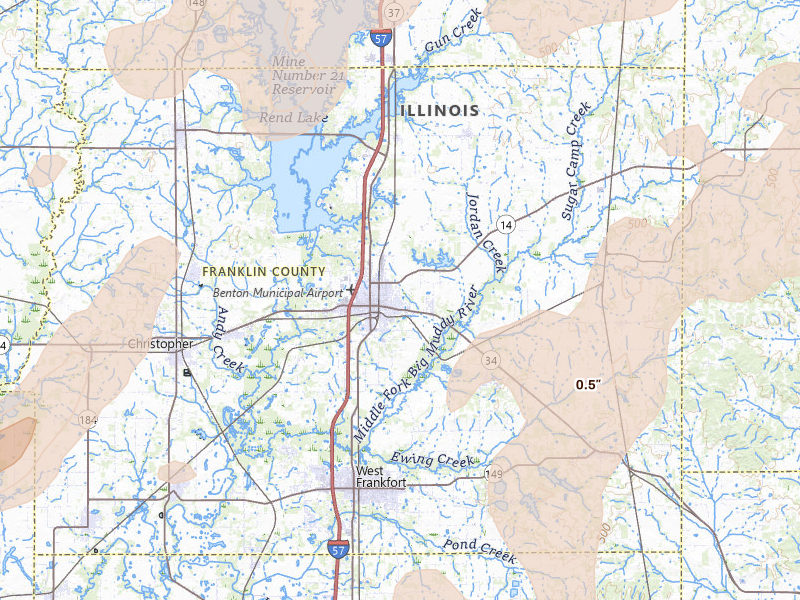 Radar-estimated hail-size map of the storm over Benton, IL on Apr 27, 2026