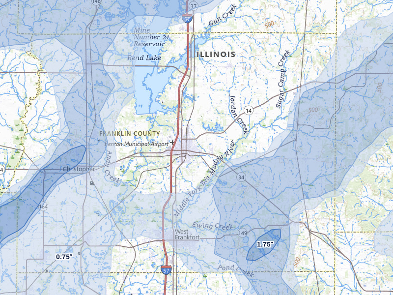 NEXRAD radar-signature map of the hail over Benton, IL