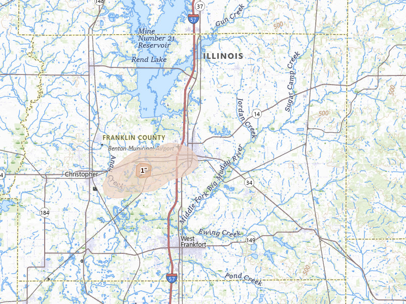 Radar-estimated hail-size map of the storm over Benton, IL on May 16, 2026
