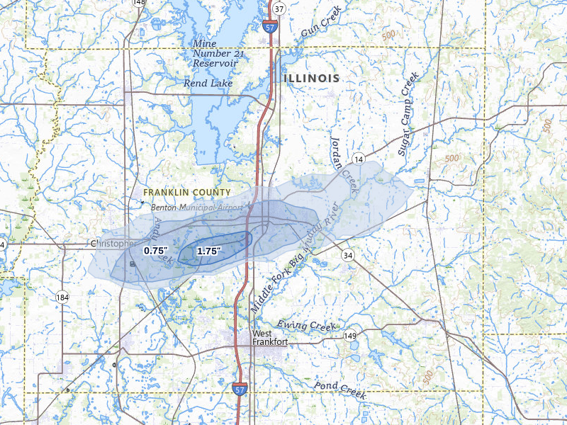 NEXRAD radar-signature map of the hail storm over Benton, IL on May 16, 2026