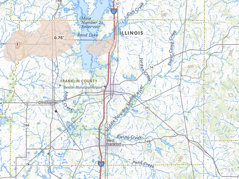 Radar-estimated hail-size map of the storm over Benton, IL on Jul 8, 2026