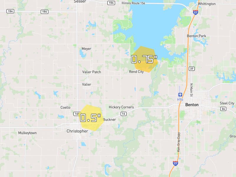 Hail map of Benton, IL on Jul 8, 2026, hail up to 0.75"