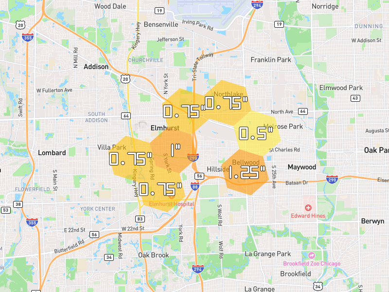 Hail map of Berkeley, IL on Jul 3, 2026, hail up to 1.25"