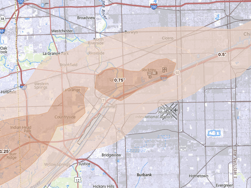 Radar-estimated hail-size map of the storm over Berwyn, IL on Mar 10, 2026