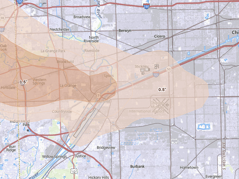 Radar-estimated hail-size map of the storm over Berwyn, IL on Mar 30, 2026