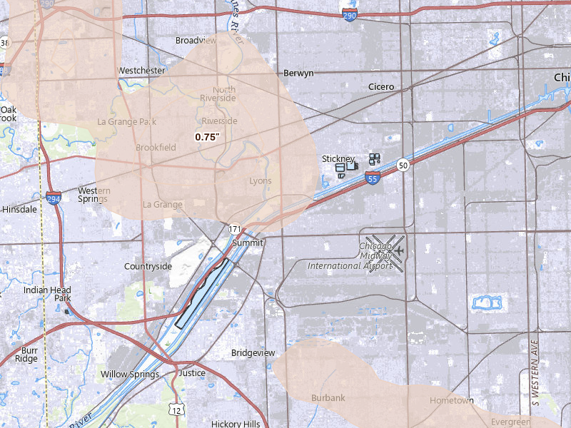Radar-estimated hail-size map of the storm over Berwyn, IL on Jun 24, 2026