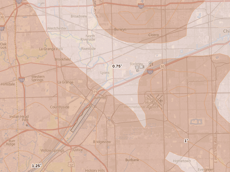 Radar-estimated hail-size map of the storm over Berwyn, IL on Jul 27, 2026