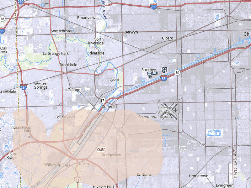 Radar-estimated hail-size map of the storm over Berwyn, IL on Aug 9, 2026