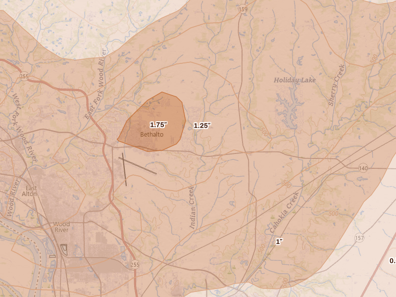 Radar-estimated hail-size map of the storm over Bethalto, IL on Apr 27, 2026
