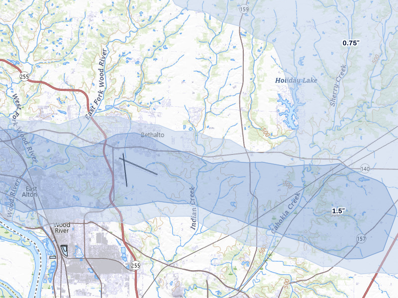 NEXRAD radar-signature map of the hail storm over Bethalto, IL on May 3, 2026