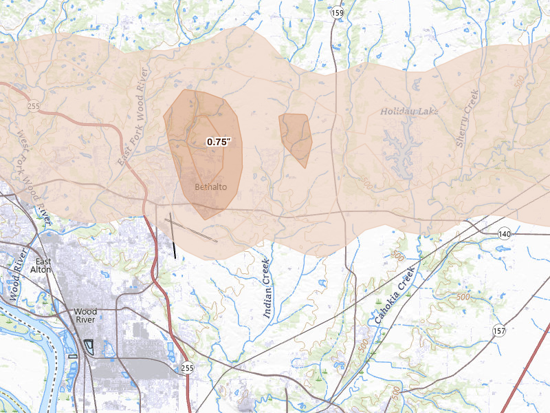 Radar-estimated hail-size map of the storm over Bethalto, IL on May 4, 2026