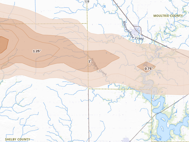 Radar-estimated hail-size map of the storm over Bethany, IL on Mar 26, 2026