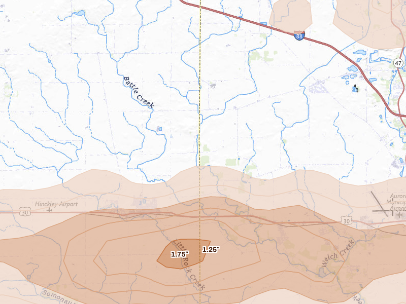 Radar-estimated hail-size map of the storm over Big Rock, IL on Mar 30, 2026