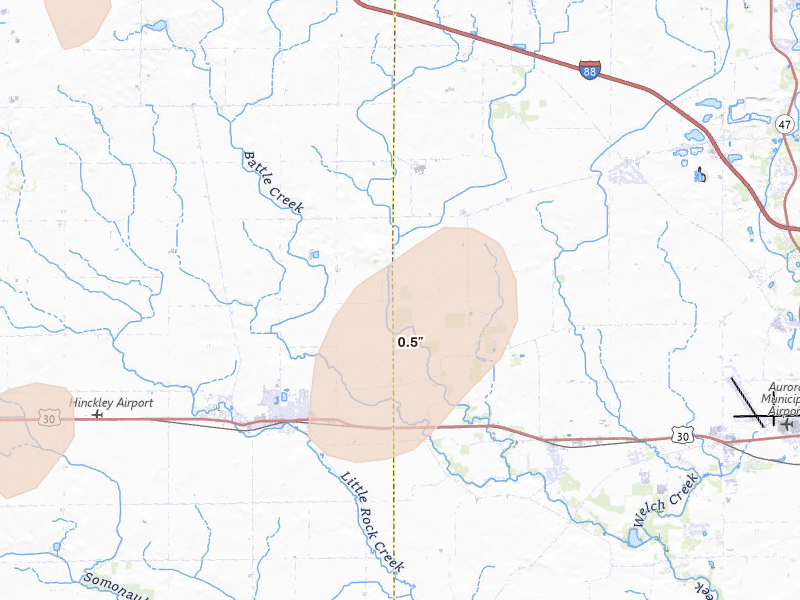 Radar-estimated hail-size map of the storm over Big Rock, IL on Jul 3, 2026