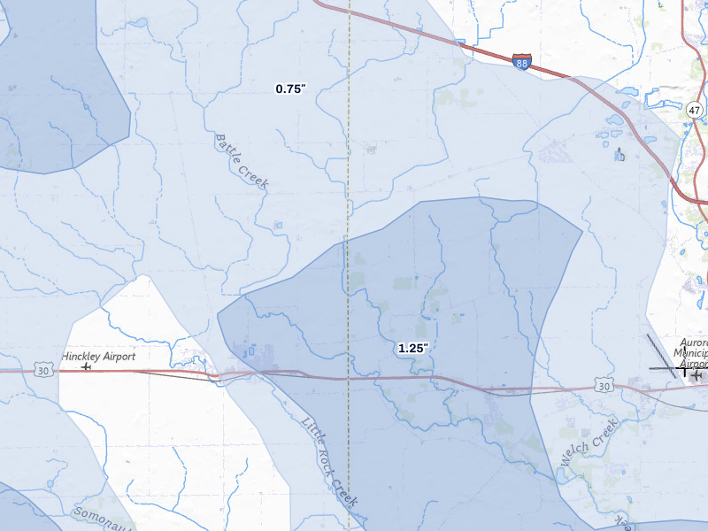 NEXRAD radar-signature map of the hail storm over Big Rock, IL on Jul 3, 2026