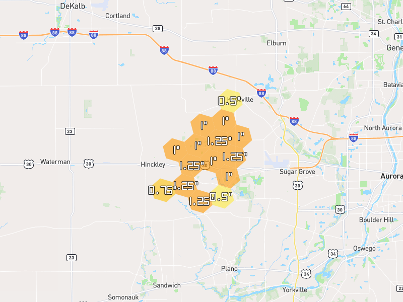 Hail map of Big Rock, IL on Jul 3, 2026, hail up to 1.25"