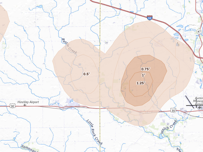 Radar-estimated hail-size map of the storm over Big Rock, IL on Jul 4, 2026