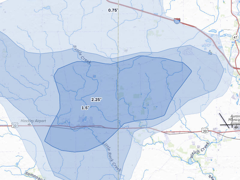 NEXRAD radar-signature map of the hail over Big Rock, IL
