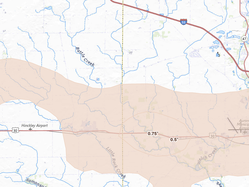 Radar-estimated hail-size map of the storm over Big Rock, IL on Aug 11, 2026
