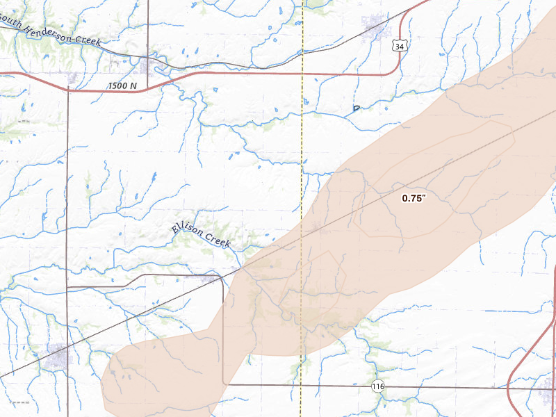 Radar-estimated hail-size map of the storm over Biggsville, IL on Apr 2, 2026