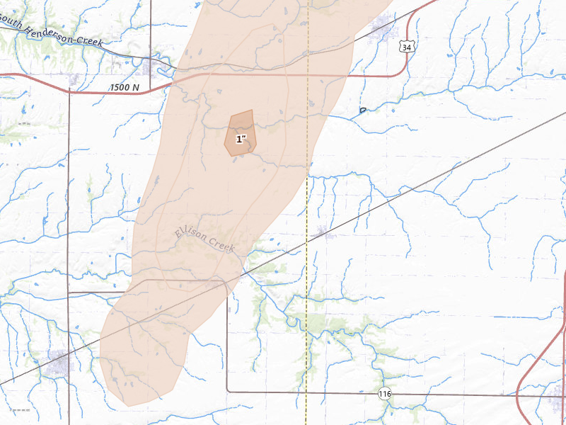 Radar-estimated hail-size map of the storm over Biggsville, IL on Apr 17, 2026