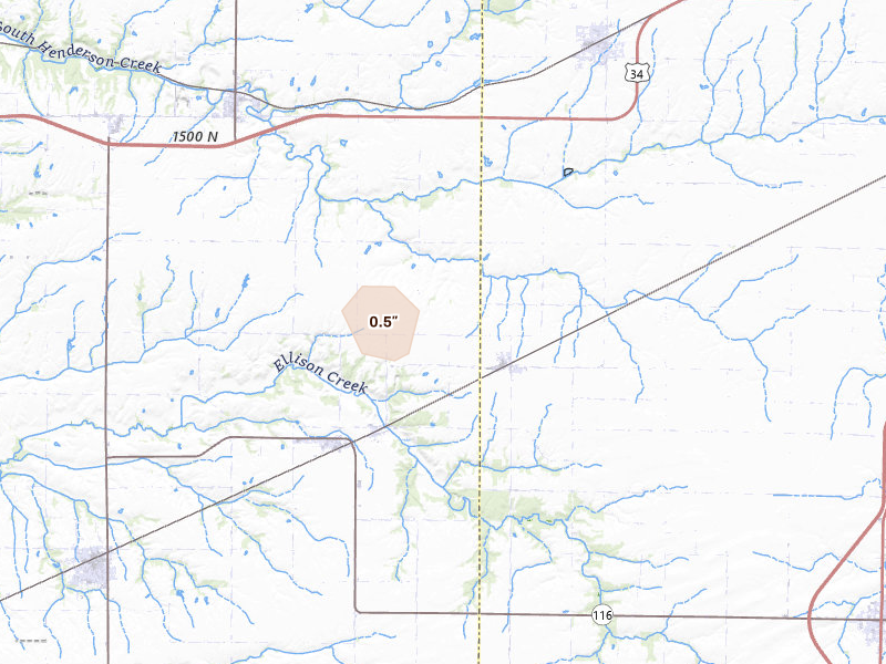 Radar-estimated hail-size map of the storm over Biggsville, IL on Aug 12, 2026