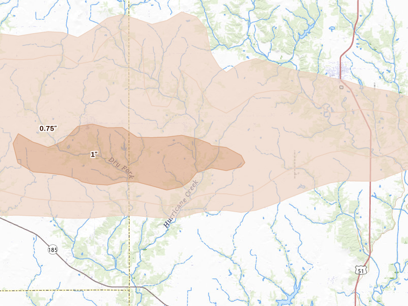 Radar-estimated hail-size map of the storm over Bingham, IL on May 4, 2026