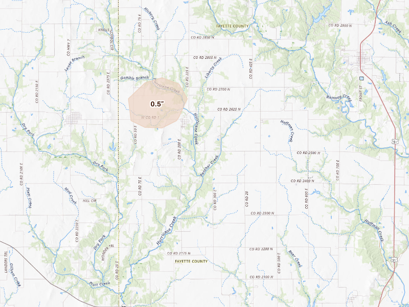 Radar-estimated hail-size map of the storm over Bingham, IL on Sep 16, 2026