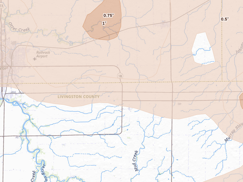 Radar-estimated hail-size map of the storm over Blackstone, IL on Aug 9, 2026