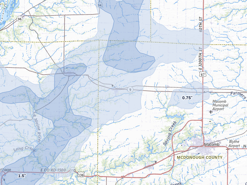 NEXRAD radar-signature map of the hail over Blandinsville, IL