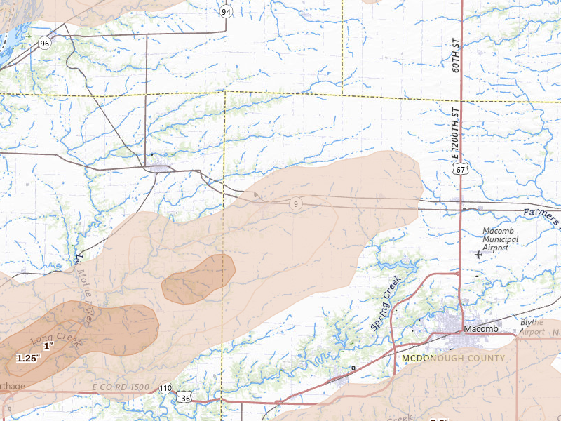 Radar-estimated hail-size map of the storm over Blandinsville, IL on Jun 11, 2026