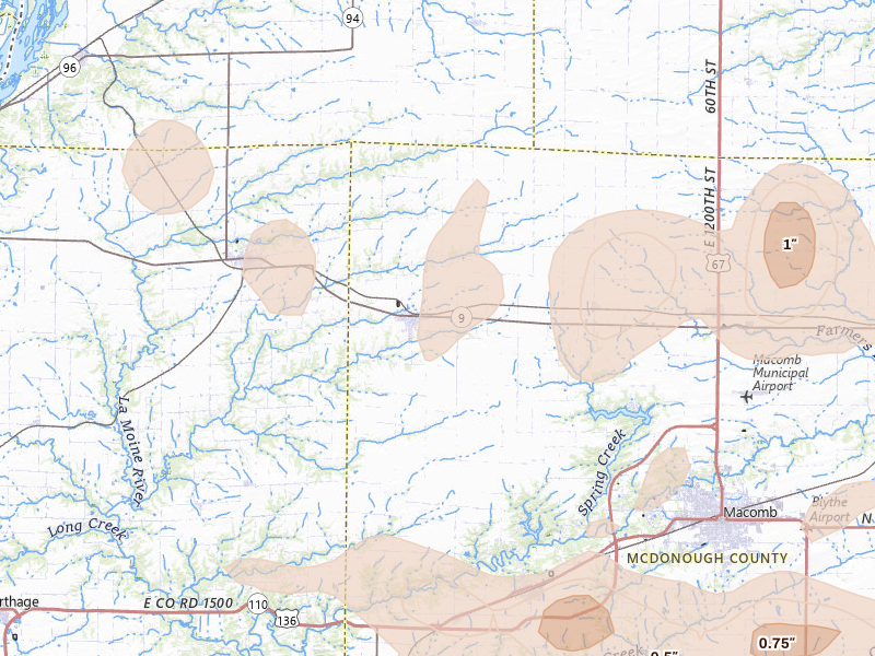 Radar-estimated hail-size map of the storm over Blandinsville, IL on Jun 17, 2026