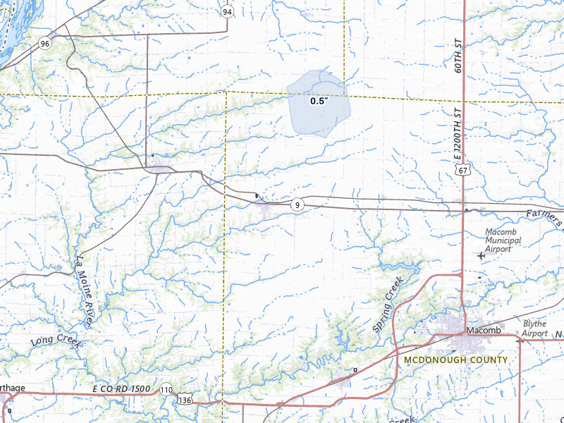 NEXRAD radar-signature map of the hail storm over Blandinsville, IL on Jul 3, 2026