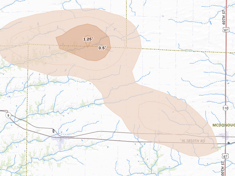 Radar-estimated hail-size map of the storm over Blandinsville, IL on Aug 19, 2026