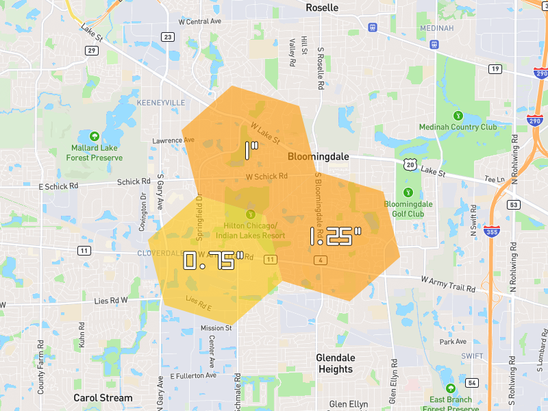 Hail map of Bloomingdale, IL on Jul 4, 2026, hail up to 1.25"