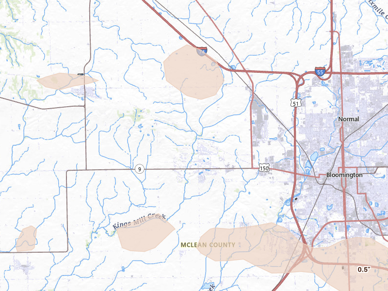 Radar-estimated hail-size map of the storm over Bloomington, IL on Mar 26, 2026