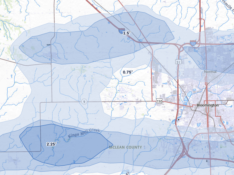 NEXRAD radar-signature map of the hail over Bloomington, IL