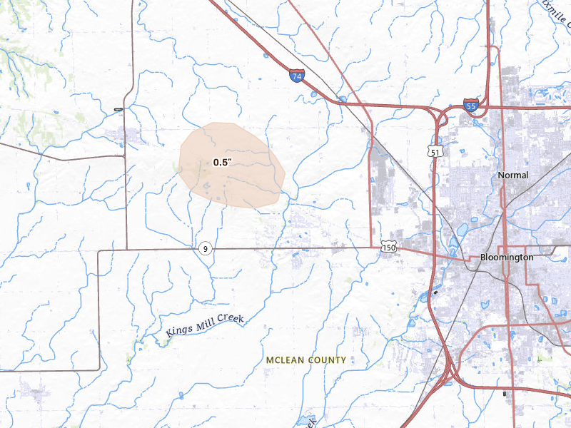Radar-estimated hail-size map of the storm over Bloomington, IL on Jun 10, 2026