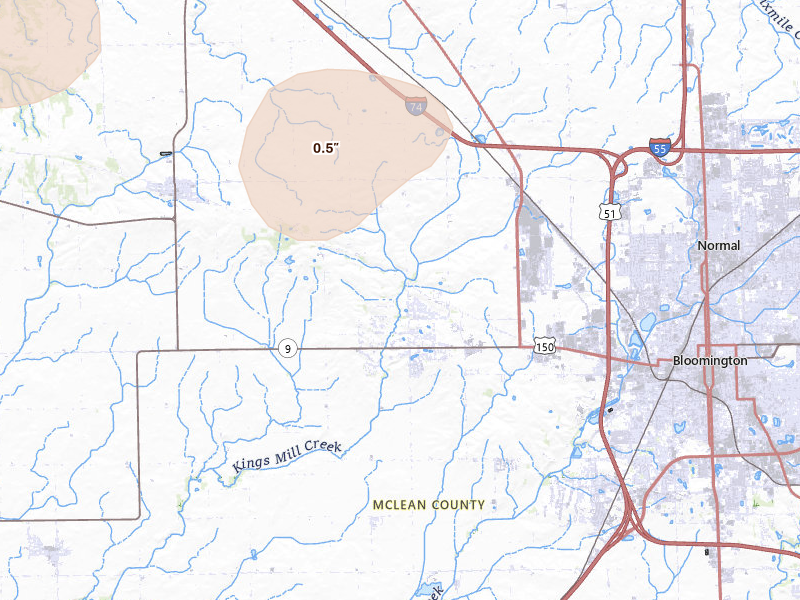 Radar-estimated hail-size map of the storm over Bloomington, IL on Jul 4, 2026