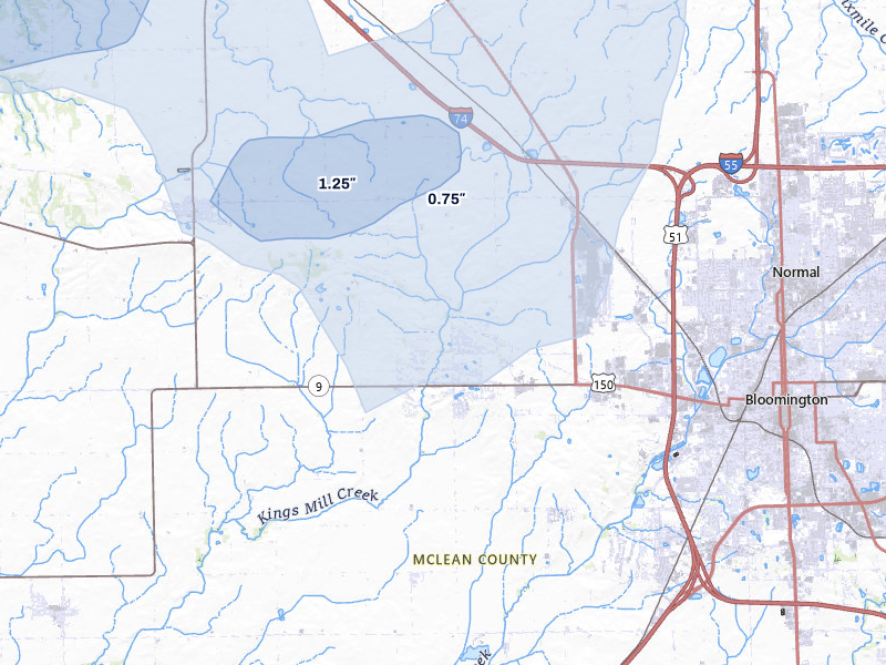 NEXRAD radar-signature map of the hail over Bloomington, IL