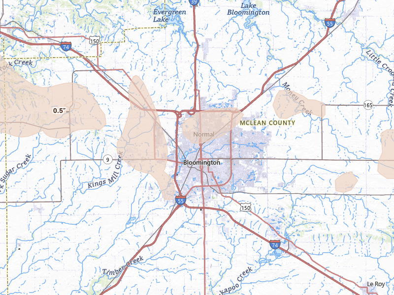 Radar-estimated hail-size map of the storm over Bloomington, IL on Aug 13, 2026