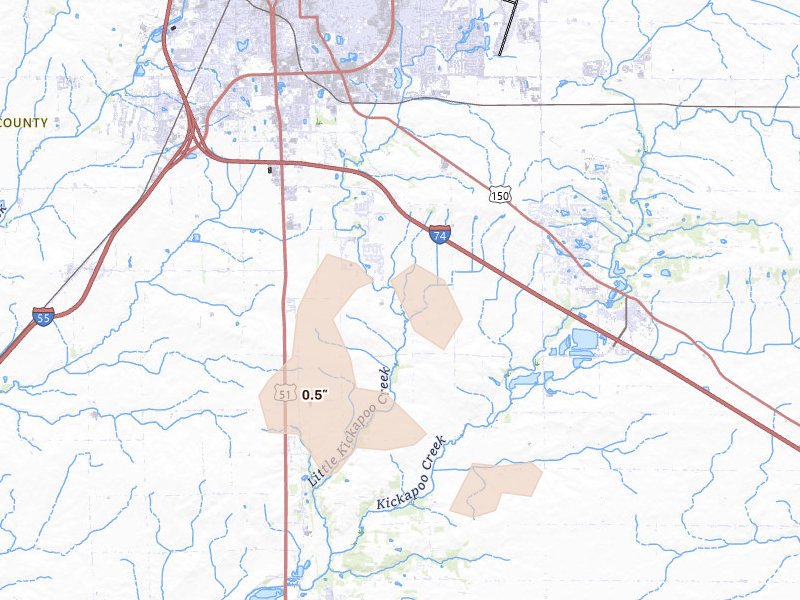 Radar-estimated hail-size map of the storm over Bloomington, IL on Aug 14, 2026