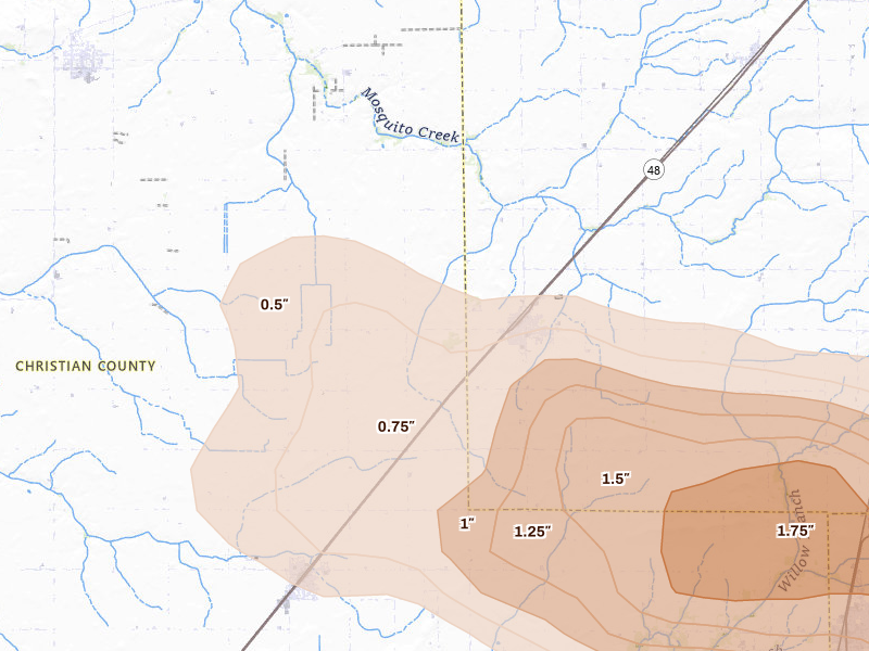 Radar-estimated hail-size map of the storm over Blue Mound, IL on Mar 26, 2026