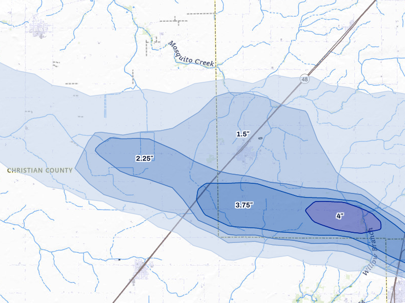 NEXRAD radar-signature map of the hail over Blue Mound, IL
