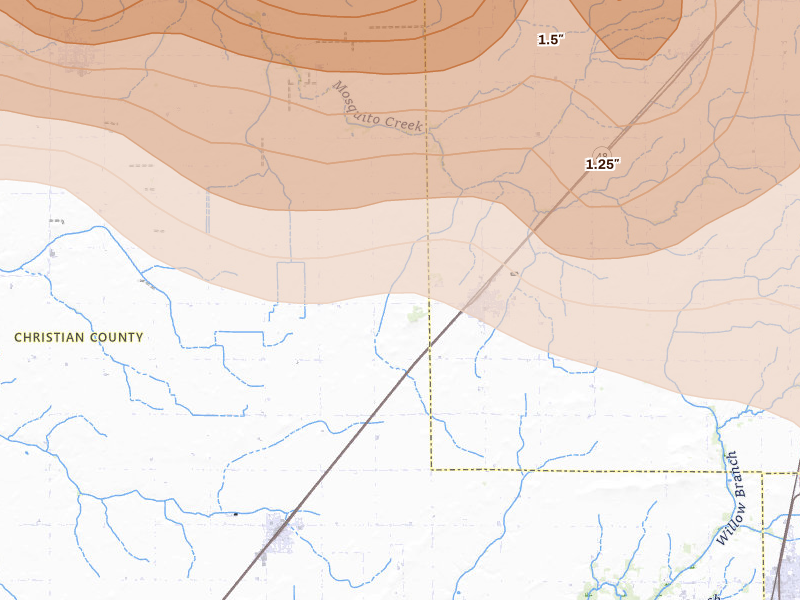 Radar-estimated hail-size map of the storm over Blue Mound, IL on Jun 17, 2026